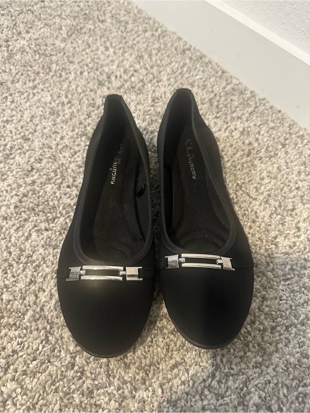 Black Ballet Flats with Silver Bar Accent